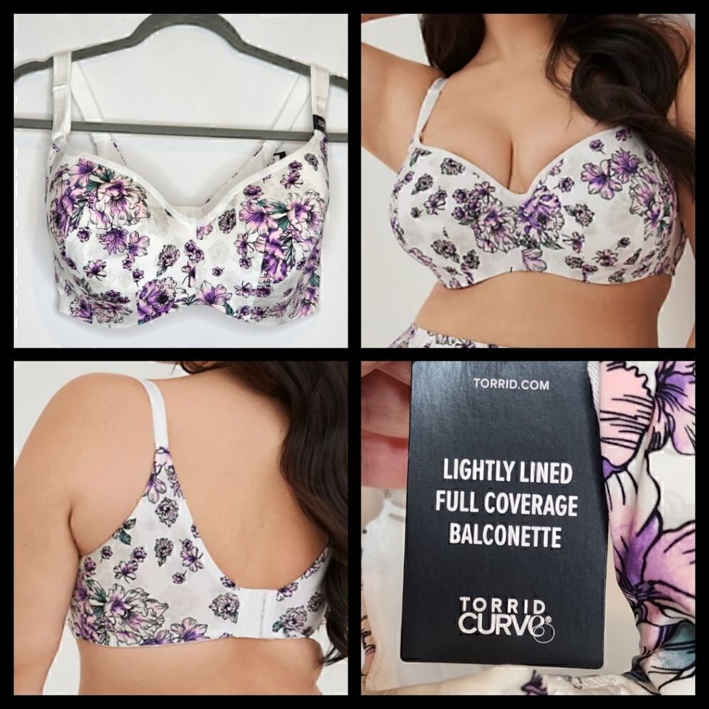48D Torrid Balconette Bra Back Smoothing Full Coverage Purple Floral Wired Lined
